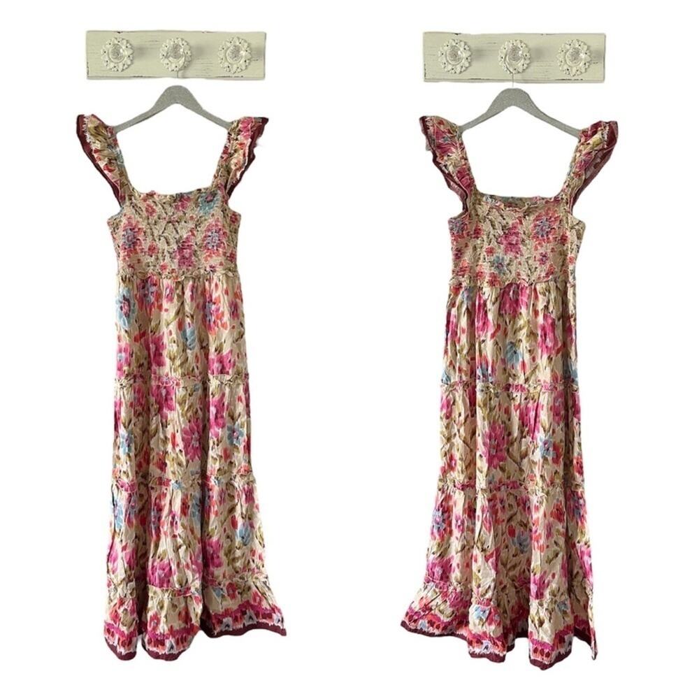 House of Harlow Smocked Cotton Floral Maxi Dress Zoey Khaki NEW
